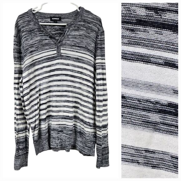 Express Men’s Striped Knit Sweater Henley Neck Black White Pullover Large Cotton - Picture 1 of 10